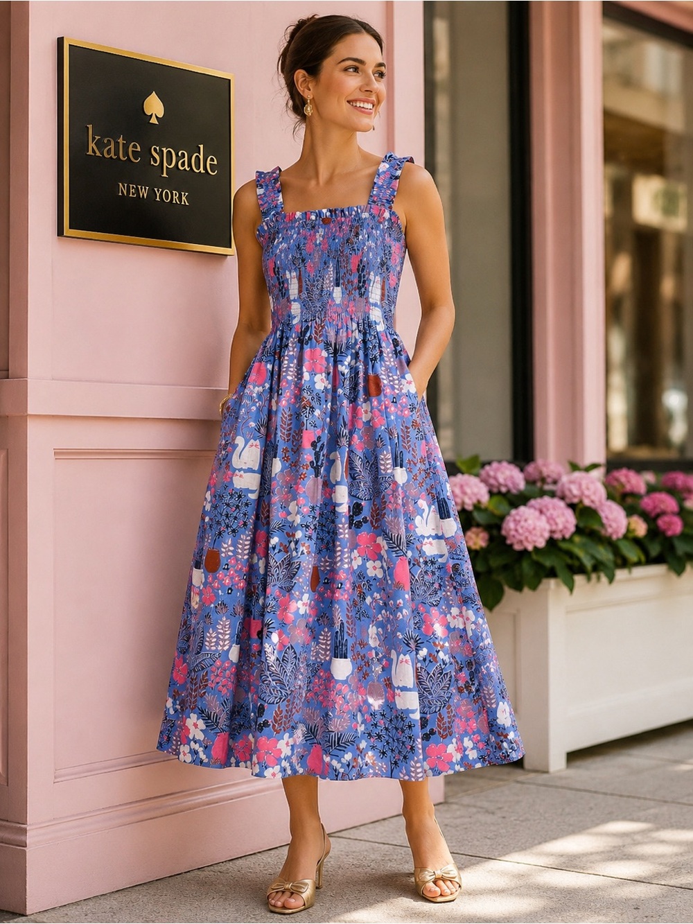 Kate Spade New York Garden Posie‎ Cat Print Midi Dress XS NWOT MSRP $398